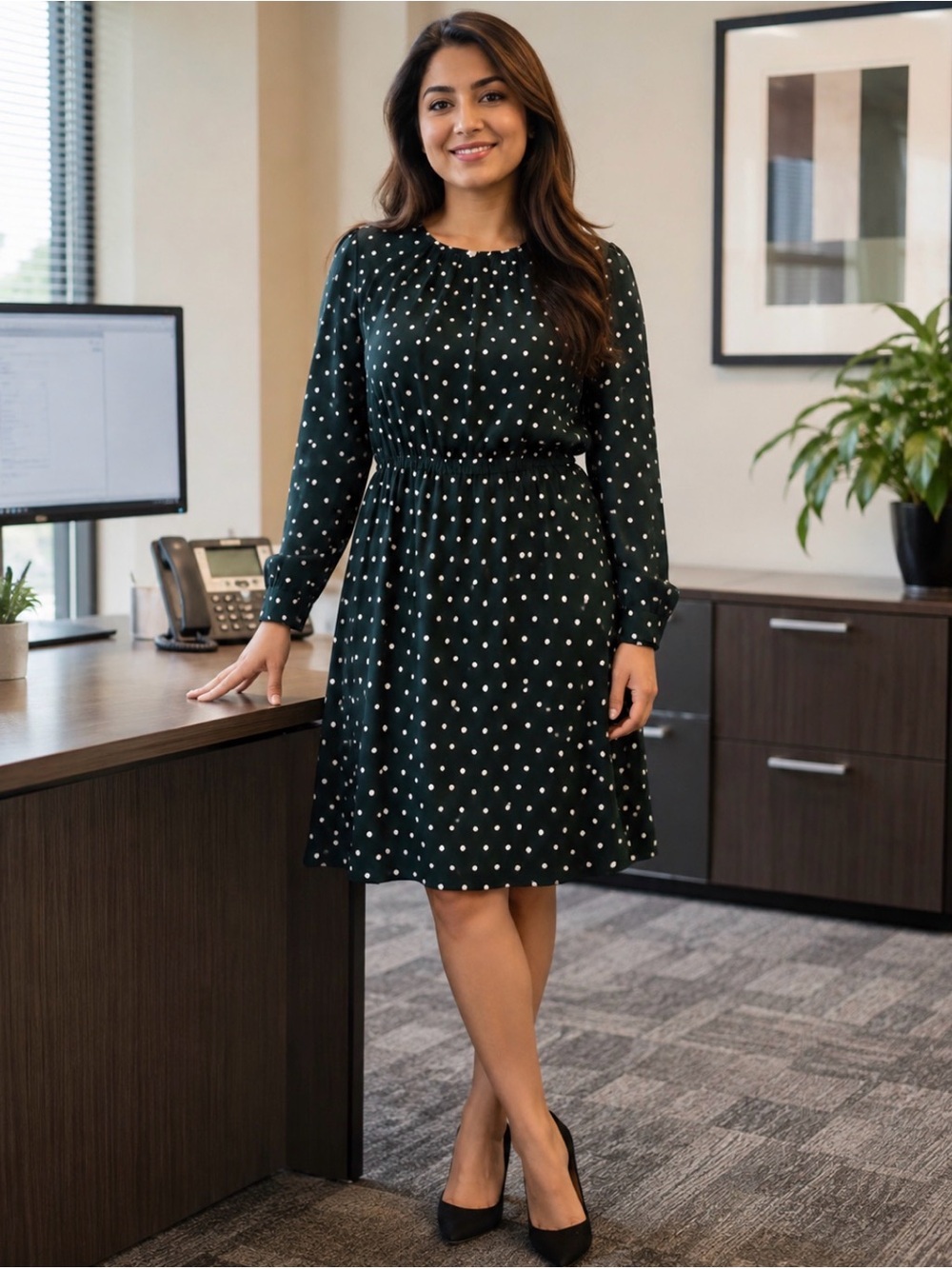 H&M Size 12 Women’s Dark Green Polka Dot Long-Sleeve Dress